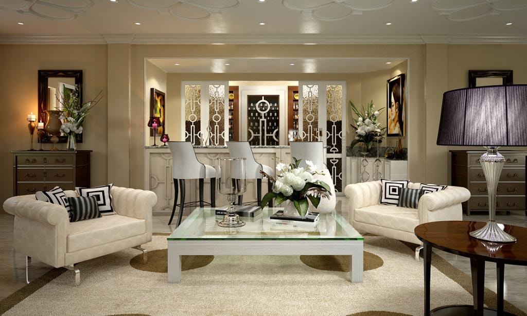 Luxury living room with cream sofas and elegant bar area