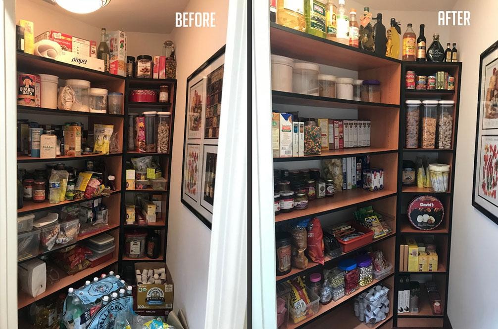 Before and after pantry shelving organization